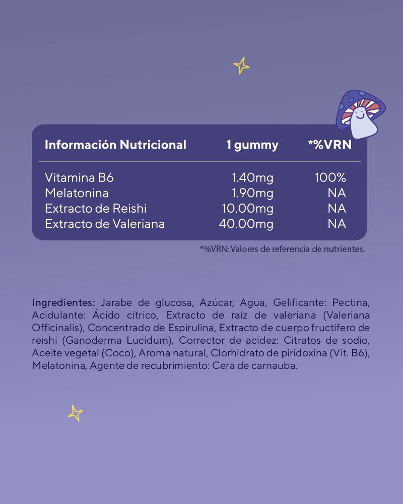 Información nutricional Gummies Deep Sleep melatonina valeriana reishi vitamina B6